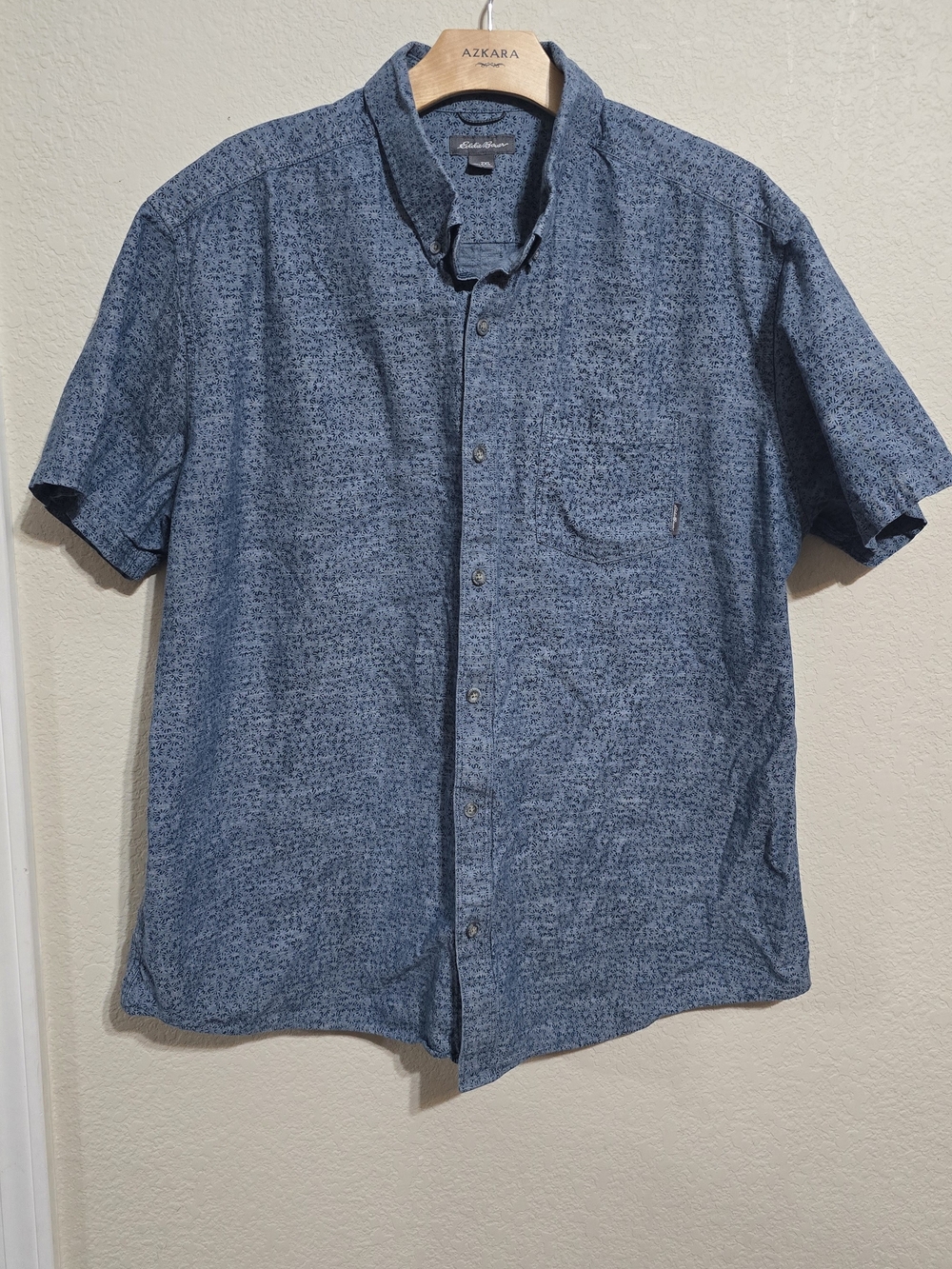 Eddie Bauer Navy Blue Short-Sleeve Patterned Button-Down Shirt